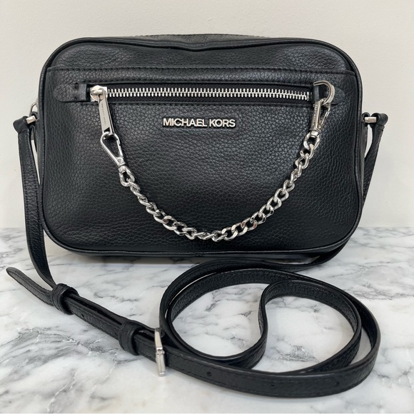 Michael Kors Jet Set Saffiano Pebbled Leather Crossbody Bag Black Chain Detail - Picture 1 of 13